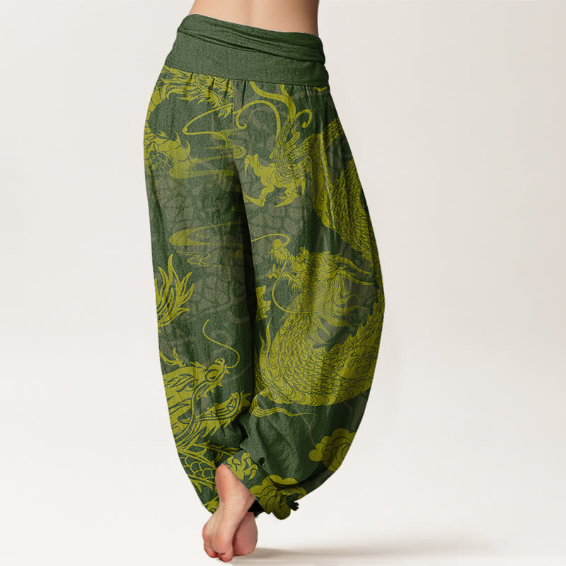 Buddha Stones Cotton Dragon Auspicious Clouds Women's Elastic Waist Harem Pants - image 5