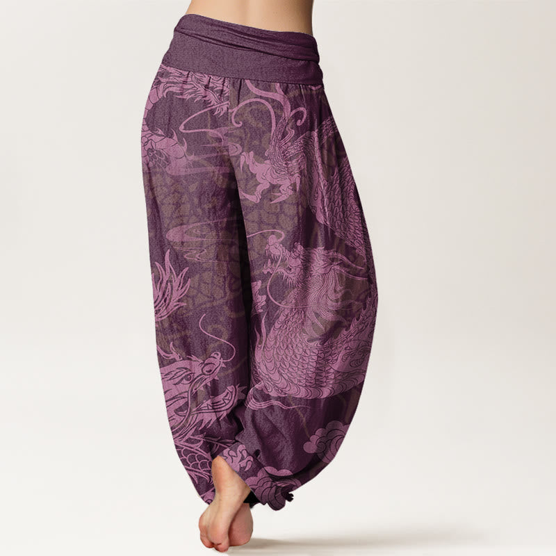 Buddha Stones Cotton Dragon Auspicious Clouds Women's Elastic Waist Harem Pants - image 8
