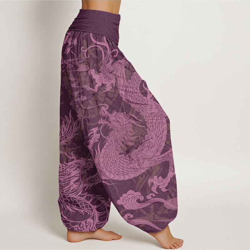 Buddha Stones Cotton Dragon Auspicious Clouds Women's Elastic Waist Harem Pants - image 9