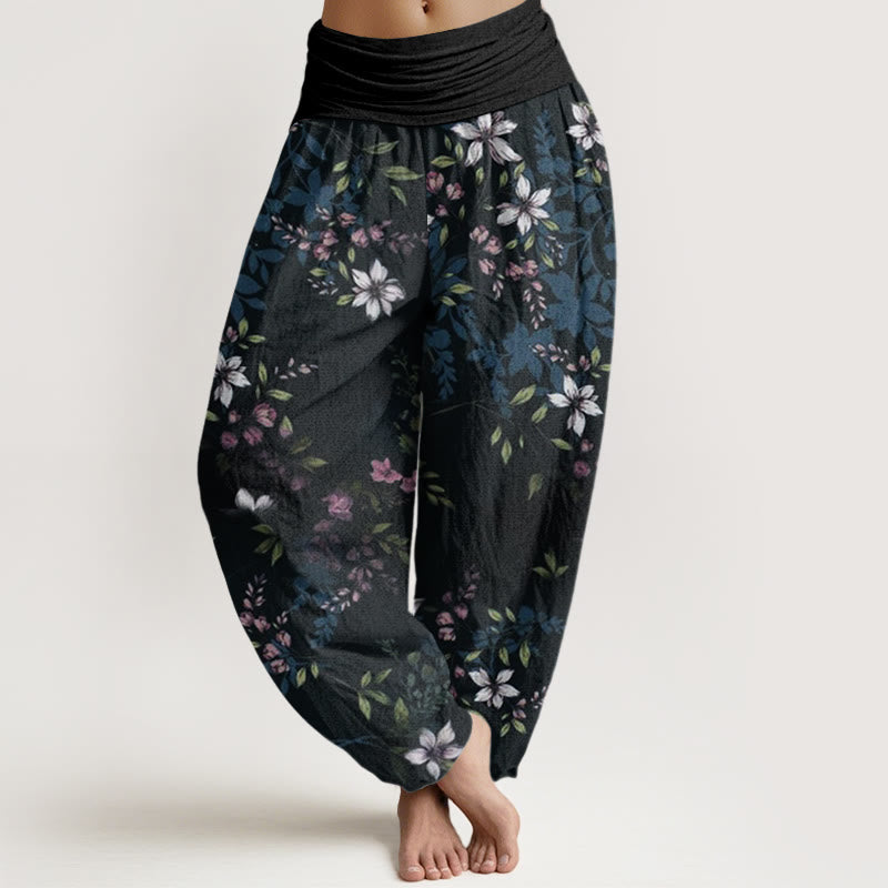 Buddha Stones Cotton Small White Blossoms Green Leaves Women's Elastic Waist Harem Pants - Black - US22，UK/AU26，EU54 (6XL) - image 0