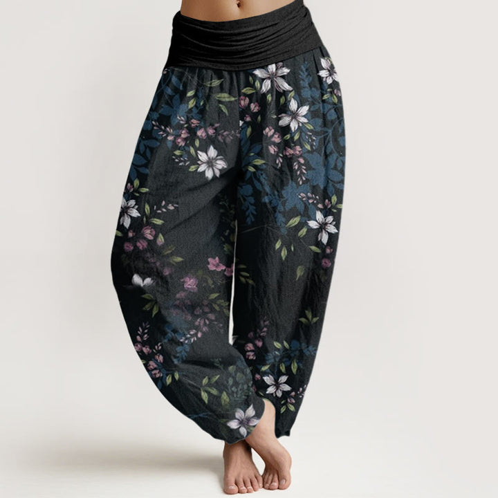 Buddha Stones Cotton Small White Blossoms Green Leaves Women's Elastic Waist Harem Pants - Black - US22，UK/AU26，EU54 (6XL) - image 0