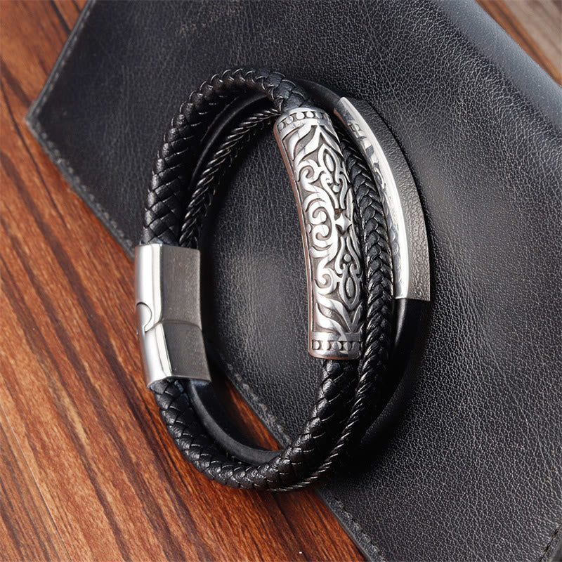 Buddha Stones Flower Pattern Design Titanium Steel Strengthen Leather Buckle Bracelet