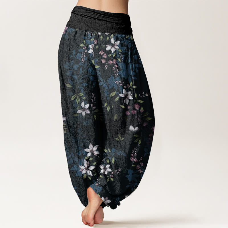 Buddha Stones Small White Blossoms Green Leaves Women's Elastic Waist Harem Pants - image 2