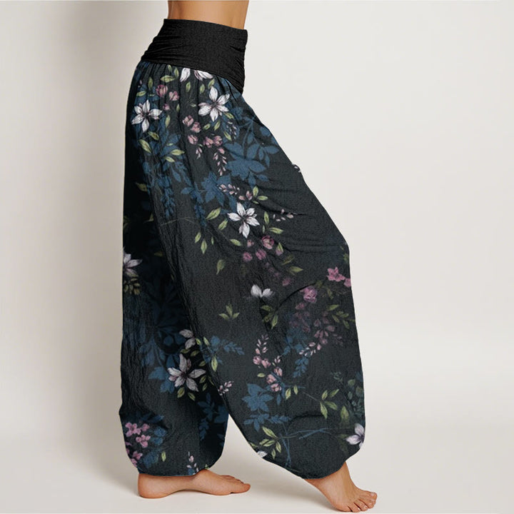Buddha Stones Small White Blossoms Green Leaves Women's Elastic Waist Harem Pants - image 3