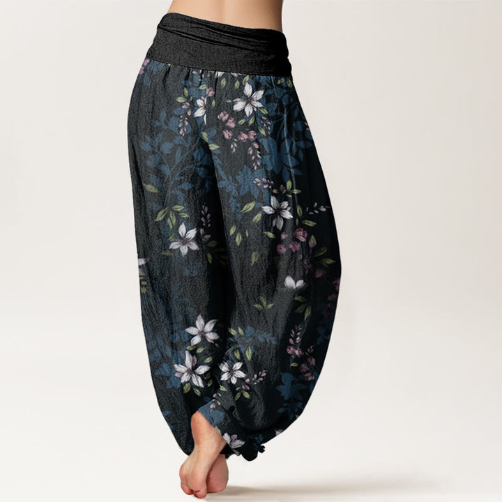 Buddha Stones Cotton Small White Blossoms Green Leaves Women's Elastic Waist Harem Pants - image 1