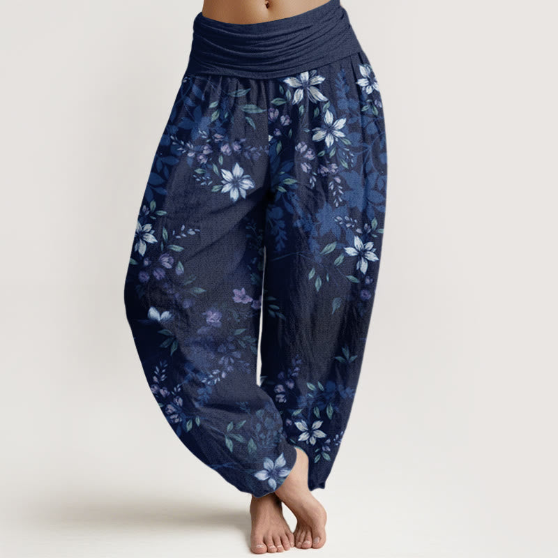 Buddha Stones Cotton Small White Blossoms Green Leaves Women's Elastic Waist Harem Pants - MidnightBlue - US22，UK/AU26，EU54 (6XL) - image 4