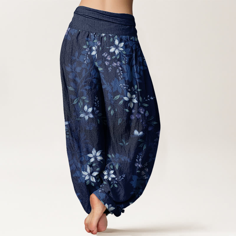 Buddha Stones Small White Blossoms Green Leaves Women's Elastic Waist Harem Pants