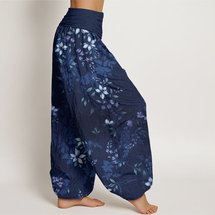 Buddha Stones Cotton Small White Blossoms Green Leaves Women's Elastic Waist Harem Pants - image 6