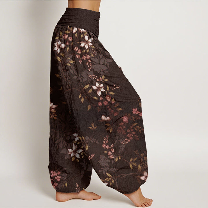 Buddha Stones Cotton Small White Blossoms Green Leaves Women's Elastic Waist Harem Pants - image 9