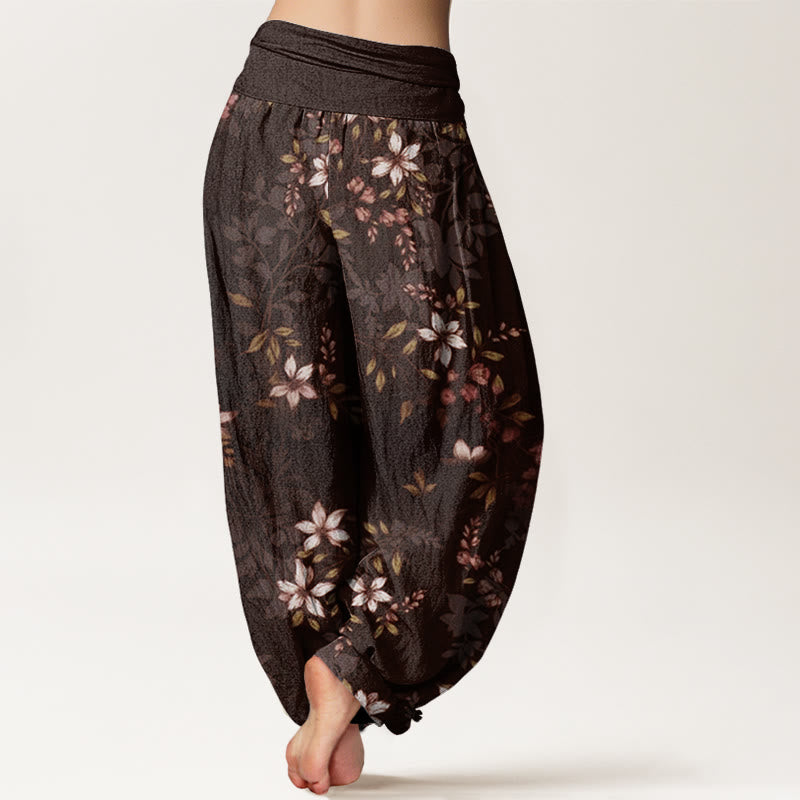 Buddha Stones Small White Blossoms Green Leaves Women's Elastic Waist Harem Pants - image 9
