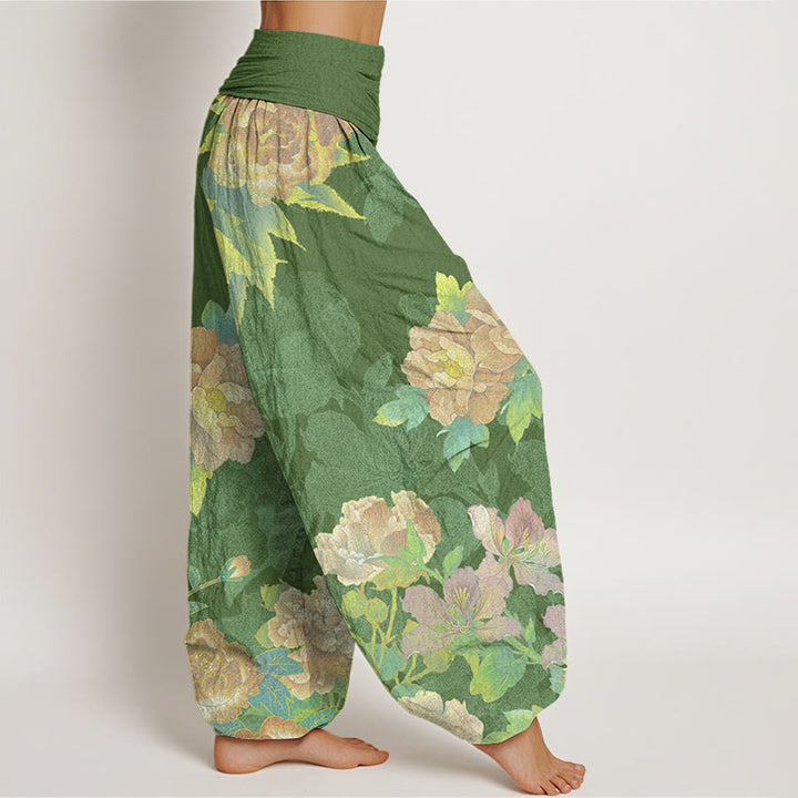 Buddha Stones Big Pink Peonies Green Leaves Women's Elastic Waist Harem Pants