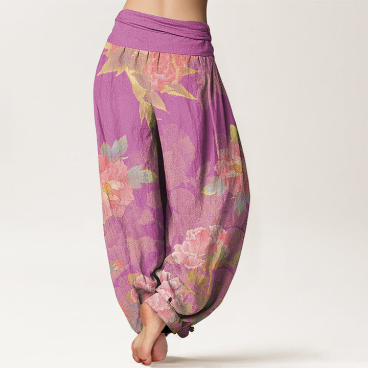 Buddha Stones Big Pink Peonies Green Leaves Women's Elastic Waist Harem Pants