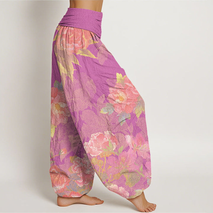 Buddha Stones Big Pink Peonies Green Leaves Women's Elastic Waist Harem Pants