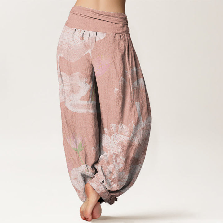 Buddha Stones Pink And White Lotus Women's Elastic Waist Harem Pants