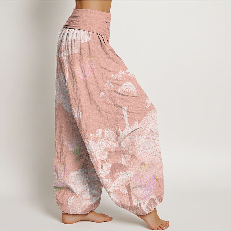 Buddha Stones Pink And White Lotus Women's Elastic Waist Harem Pants - image 3