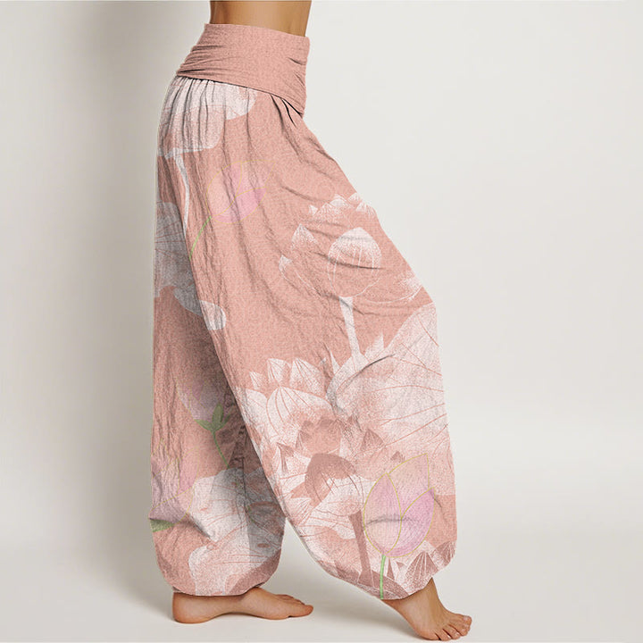Buddha Stones Pink And White Lotus Women's Elastic Waist Harem Pants - image 3