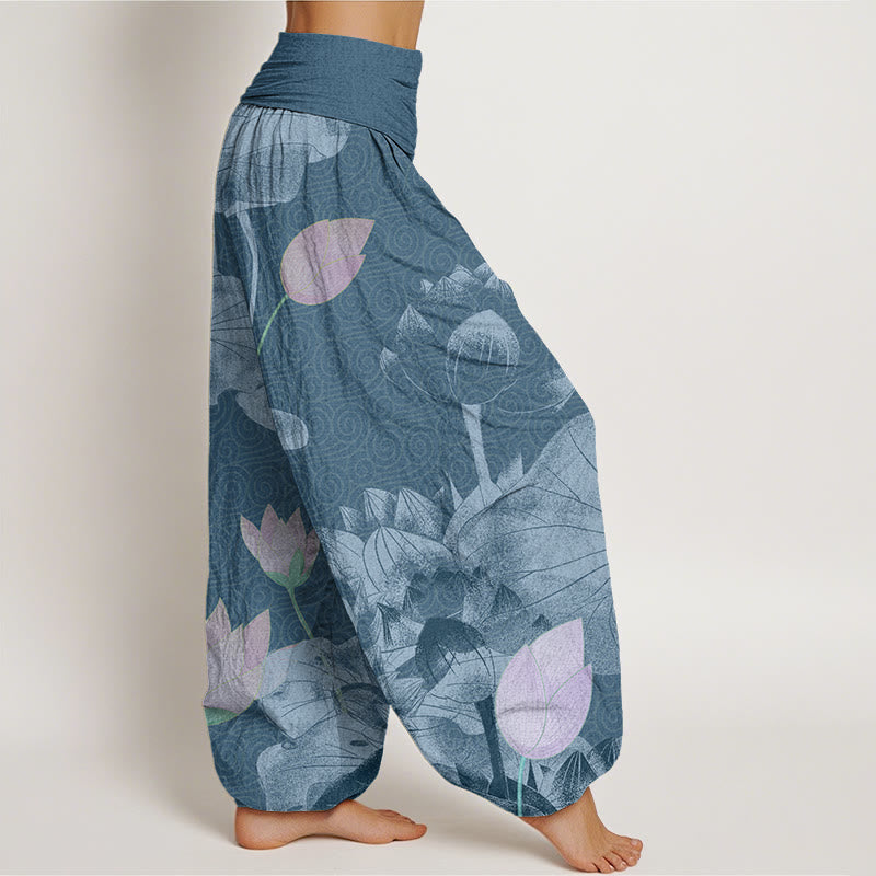 Buddha Stones Pink And White Lotus Women's Elastic Waist Harem Pants - image 7