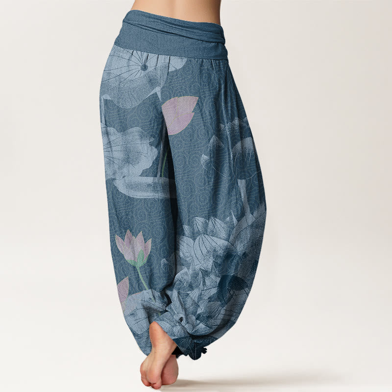 Buddha Stones Pink And White Lotus Women's Elastic Waist Harem Pants