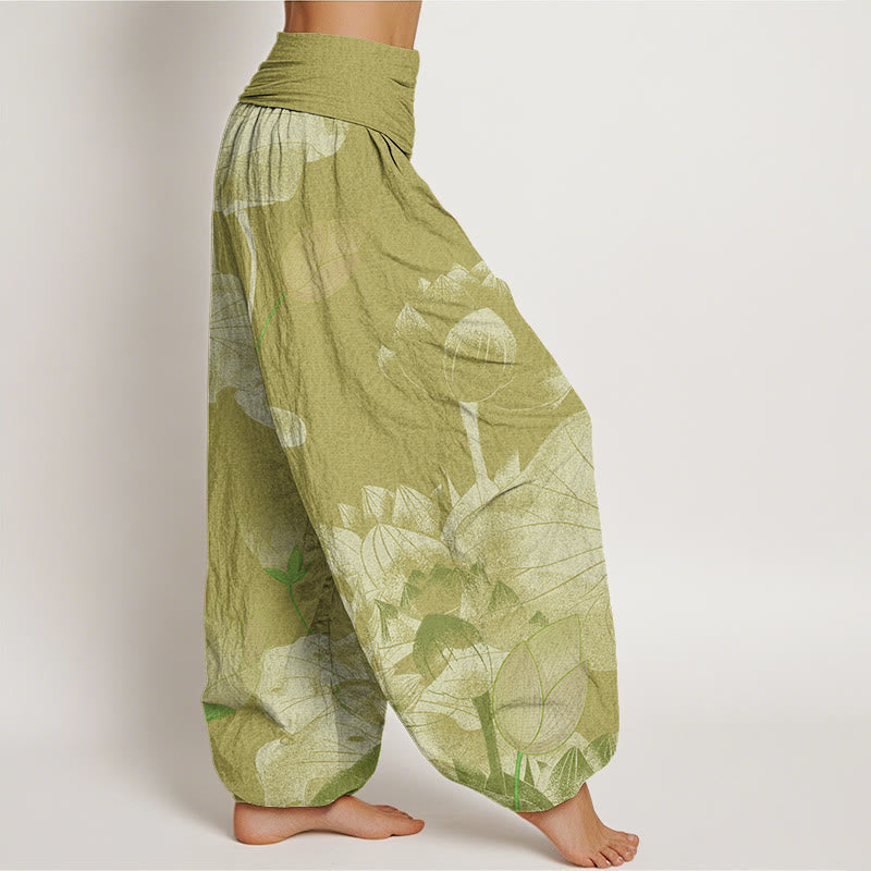Buddha Stones Pink And White Lotus Women's Elastic Waist Harem Pants - image 10