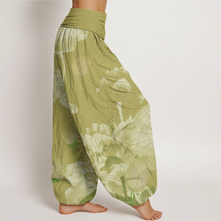 Buddha Stones Pink And White Lotus Women's Elastic Waist Harem Pants - image 10