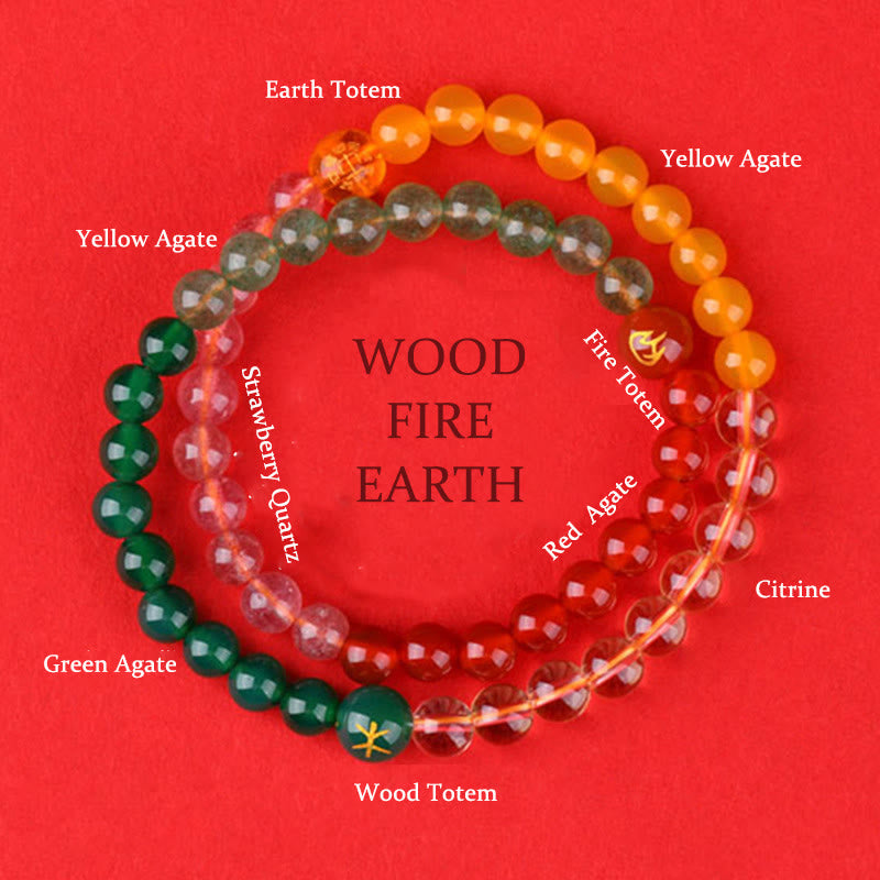 Buddha Stones Five Elements Various Crystal Agate Strawberry Quartz Wisdom Bracelet - Wood Fire Earth(Wrist Circumference: 14-16cm) - image 10