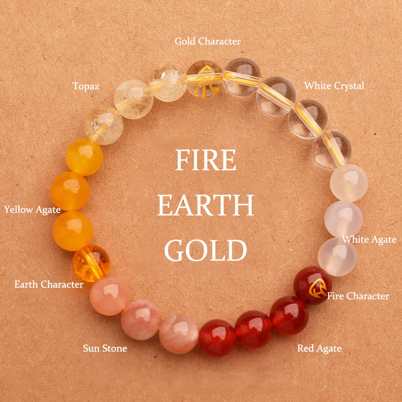 Buddha Stones Five Elements Various Agate Crystal Sun Stone Wisdom Bracelet - Fire Earth Gold(Wrist Circumference: 14-16cm) - 8mm - image 4