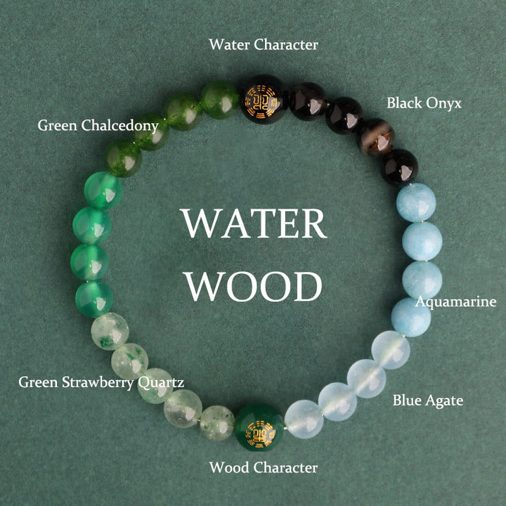 Buddha Stones Five Elements Various Agate Crystal Black Onyx Green Chalcedony Aquamarine Wisdom Bracelet - Water Wood(Wrist Circumference: 14-16cm) - 6mm - image 3