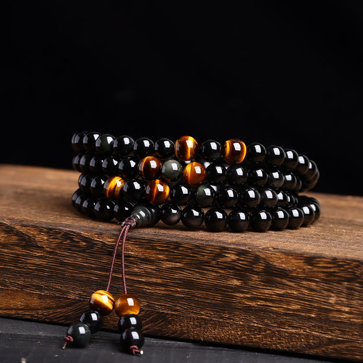 Buddha Stones 108 Mala Beads Black Obsidian lce Obsidian Fulfilment Bracelet