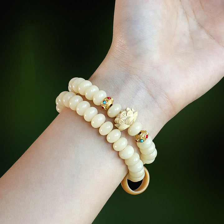 Buddha Stones Bodhi Seed Peach Wood Lotus Wealth Double Wrap Bracelet