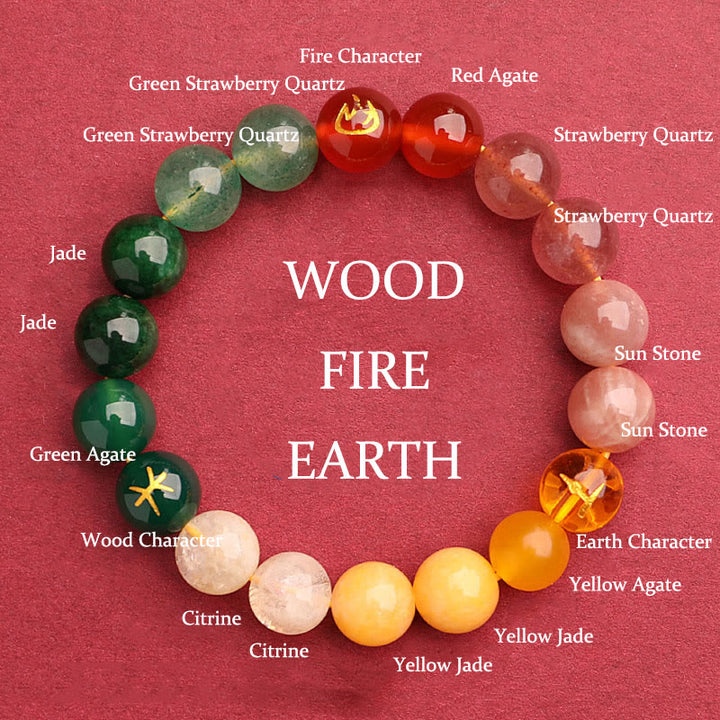 Buddha Stones Five Elements Various Agate Crystal Green Strawberry Quartz Sun Stone Wealth Bracelet