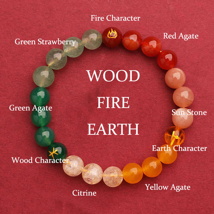 Buddha Stones Five Elements Various Agate Crystal Green Strawberry Quartz Sun Stone Wealth Bracelet - Fire Earth Wood(Wrist Circumference: 14-16cm) - 8mm - image 10