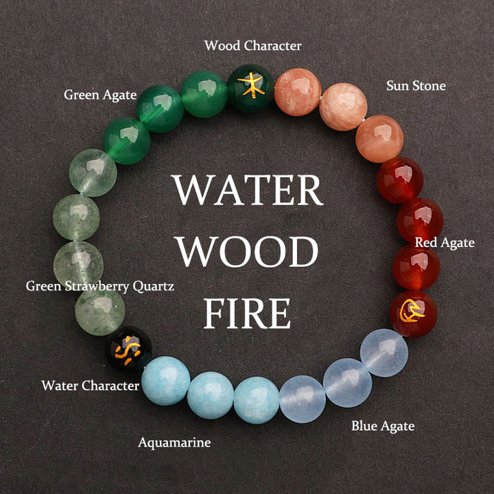 Buddha Stones Five Elements Various Agate Crystal Green Strawberry Quartz Sun Stone Wealth Bracelet - Water Fire Wood(Wrist Circumference: 14-16cm) - 8mm - image 36