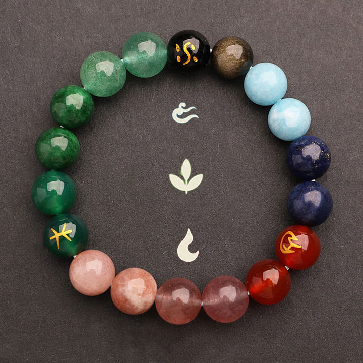 Buddha Stones Five Elements Various Agate Crystal Green Strawberry Quartz Sun Stone Wealth Bracelet