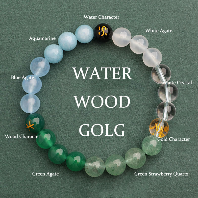 Buddha Stones Five Elements Various Agate Crystal Green Strawberry Quartz Sun Stone Wealth Bracelet - Gold Water Wood(Wrist Circumference: 14-16cm) - 8mm - image 46