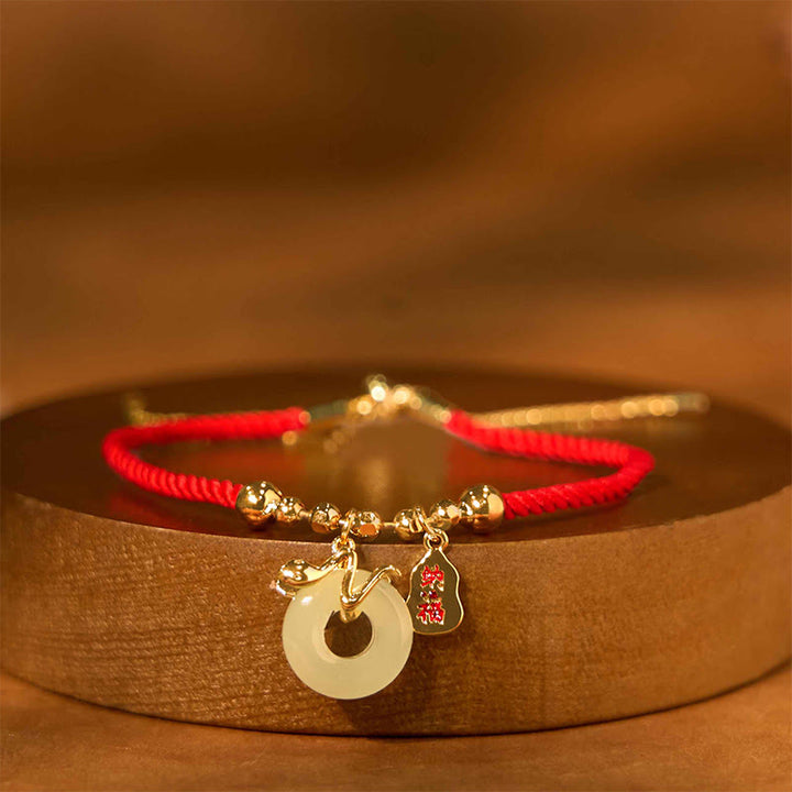 Buddha Stones Copper Plated Gold Jade Peace Buckle Fu Character Year Of The Snake Red String Luck Bracelet