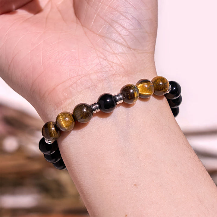 Buddha Stones 2Pcs Hematite Tiger Eye Blue Tiger Eye Powerful Bracelet Set