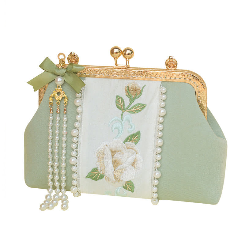 Buddha Stones Double-sided Flowers Embroidery Pearl Pendant Metal Chain Crossbody Bag Handbags