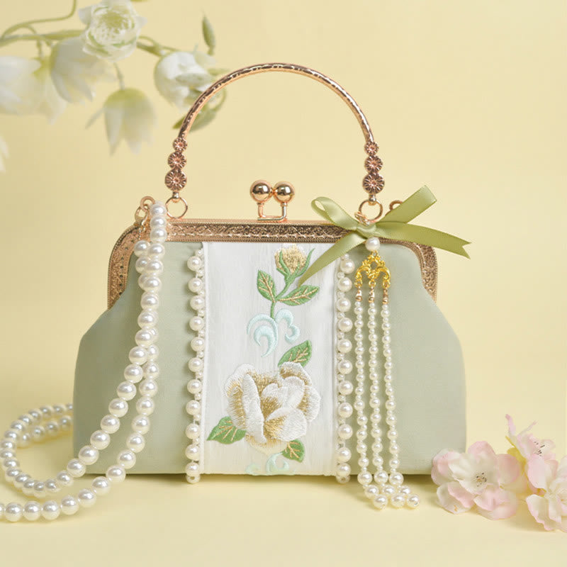 Buddha Stones Double-sided Flowers Embroidery Pearl Pendant Metal Chain Crossbody Bag Handbags