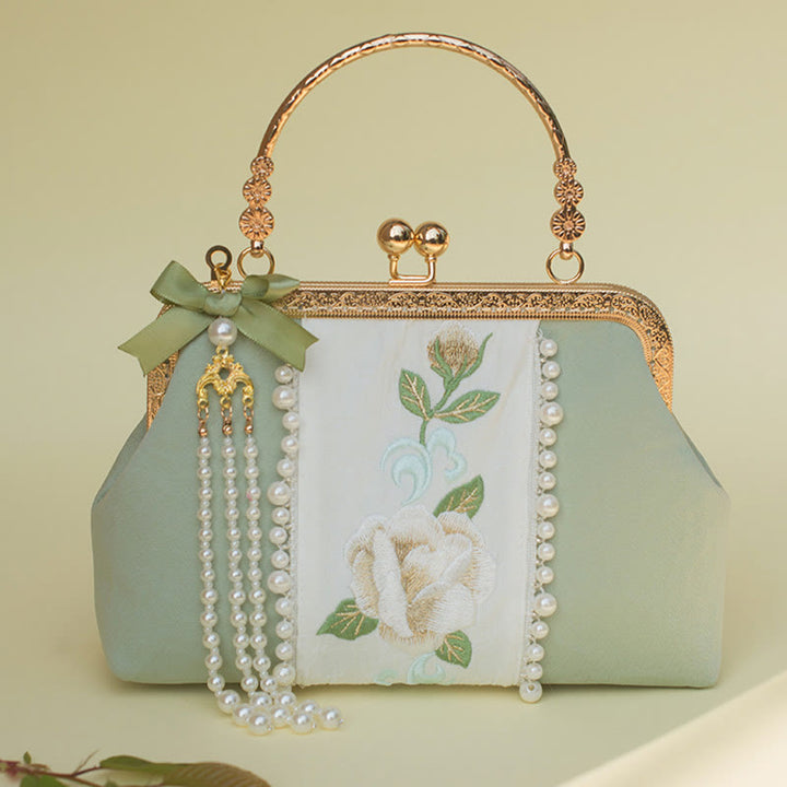 Buddha Stones Double-sided Flowers Embroidery Pearl Pendant Metal Chain Crossbody Bag Handbags