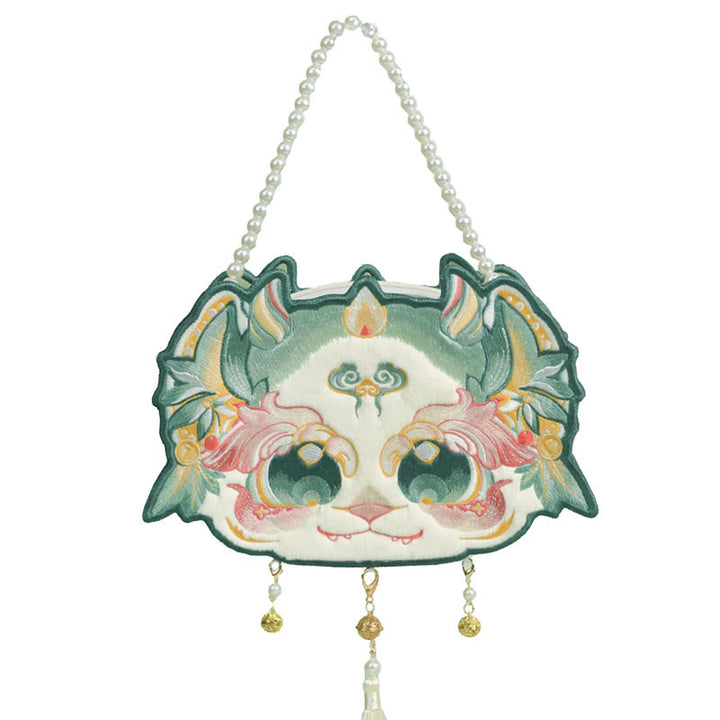 Buddha Stones Double-sided Mythical Beast Bai Ze Embroidery Pearl Chain Tassel Shoulder Bag Crossbody Bag