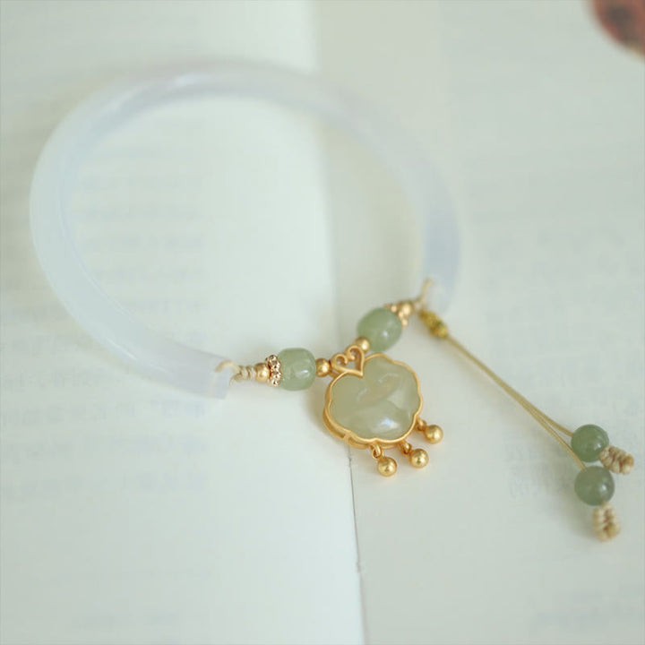 Buddha Stones Chalcedony Hetian Jade 925 Sterling Silver Auspicious Cloud Ruyi Lock Harmony Cuff Half Bracelet Bangle