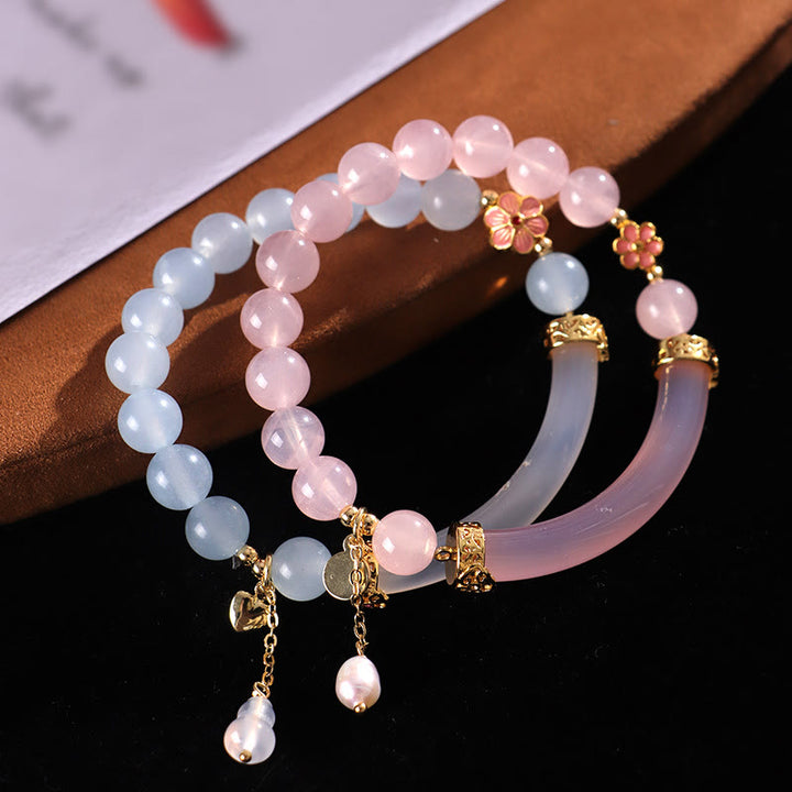 Buddha Stones Pink Crystal Blue Chalcedony Pearl Cuff Half Bracelet Bangle