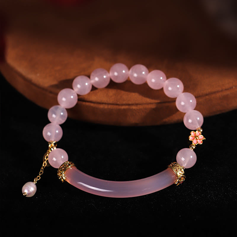 Buddha Stones Pink Crystal Blue Chalcedony Pearl Cuff Half Bracelet Bangle