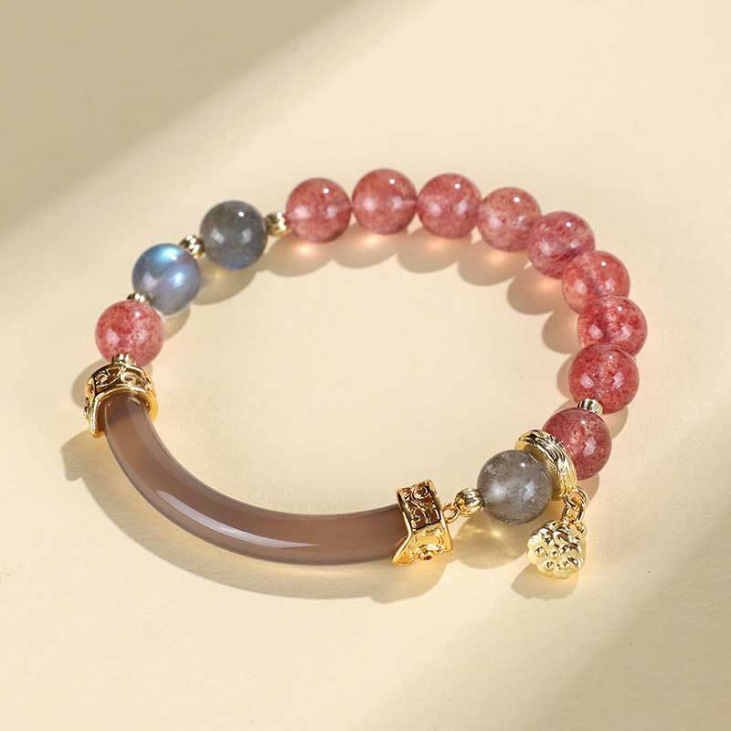 Buddha Stones Strawberry Quartz Labradorite Fluorite Pearl Cuff Half Bracelet Bangle