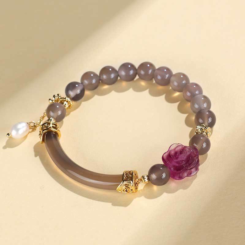 Buddha Stones Strawberry Quartz Labradorite Fluorite Pearl Cuff Half Bracelet Bangle