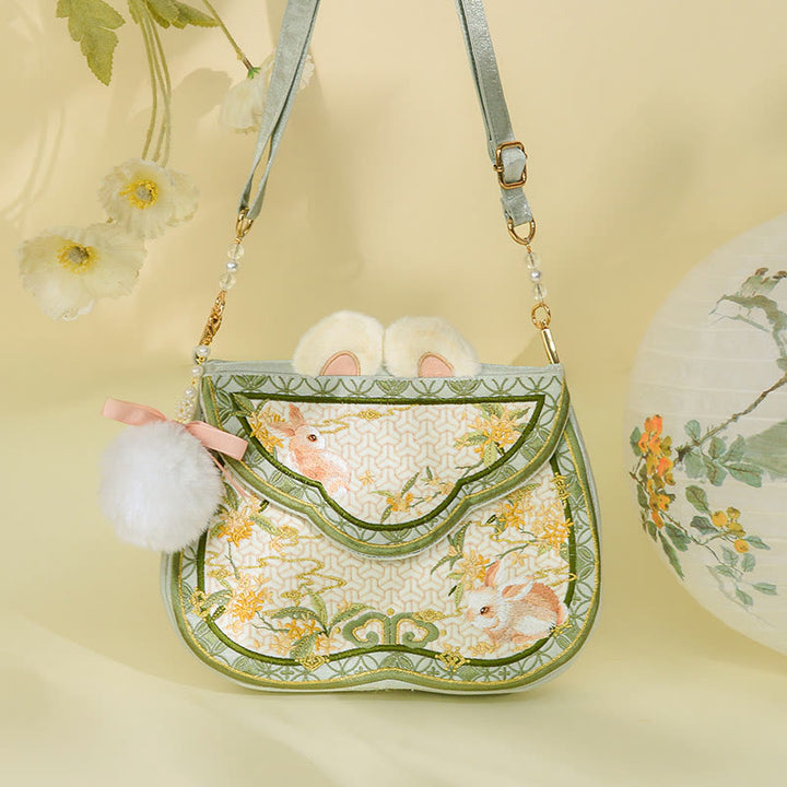 Buddha Stones Osmanthus Rabbit Embroidery Pearl Chain Furball Tassel Shoulder Bag Crossbody Bag