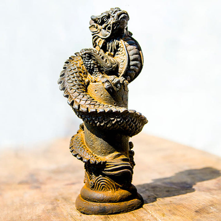 Buddha Stones Handmade Flying Dragon Around The Pillar Iron Powder Rust Cast Resin Statue Home Decoration