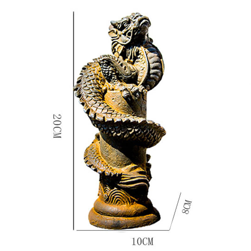 Buddha Stones Handmade Flying Dragon Around The Pillar Iron Powder Rust Cast Resin Statue Home Decoration