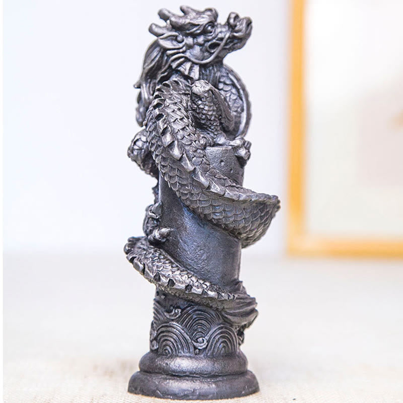 Buddha Stones Handmade Flying Dragon Around The Pillar Iron Powder Rust Cast Resin Statue Home Decoration