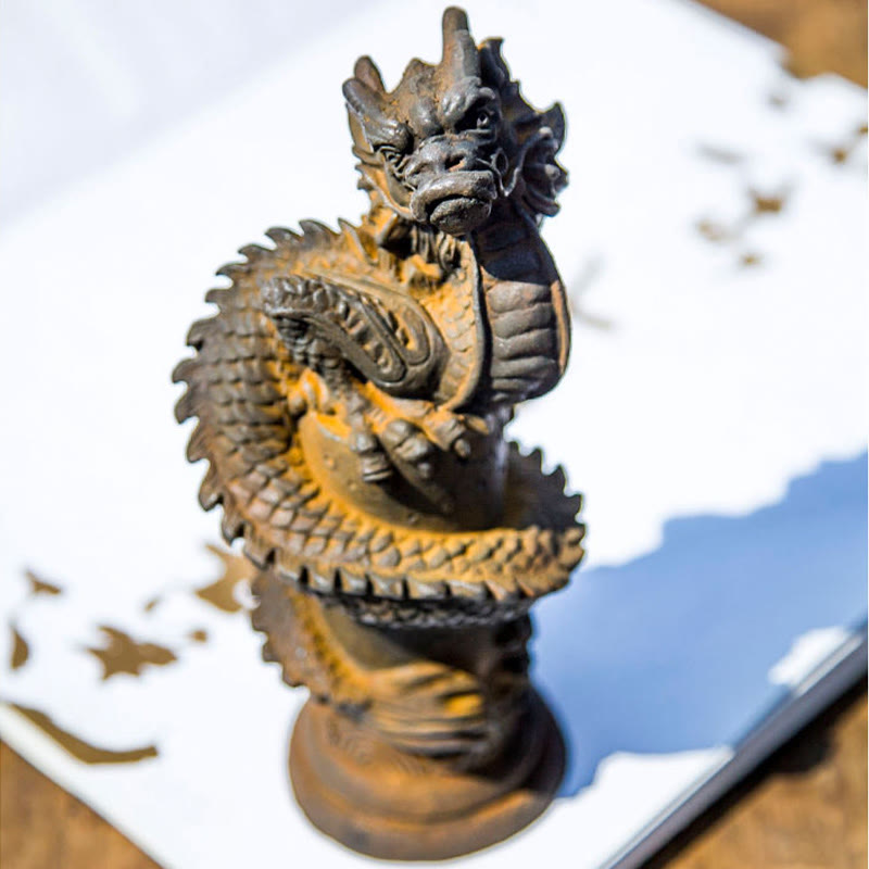 Buddha Stones Handmade Flying Dragon Around The Pillar Iron Powder Rust Cast Resin Statue Home Decoration